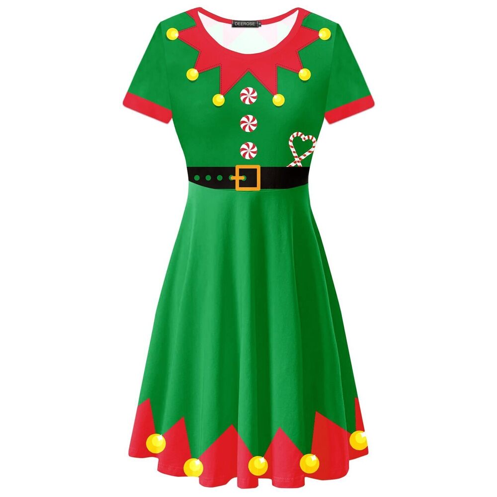 8082 Christmas Dress Ugly Christmas Elf Print Dresses Crewneck Novelty